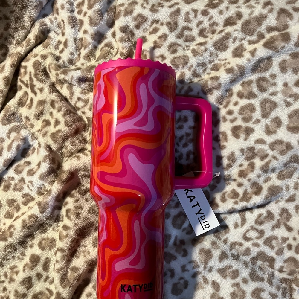 Katydid Pink and Orange Retro Swirl Insulated Tumbler with Handle